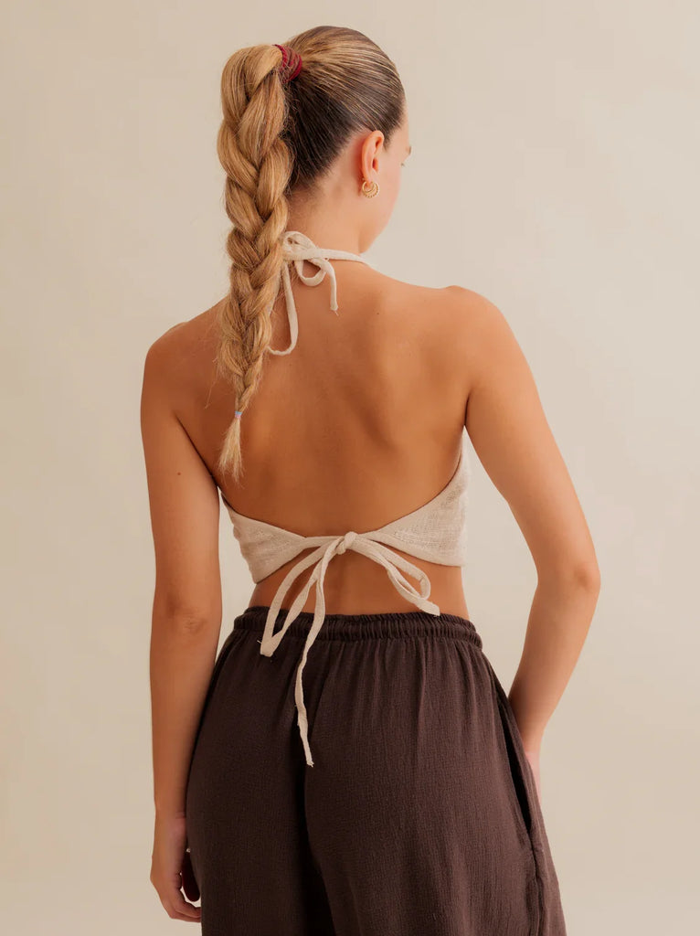Aura Top — Beige halter top on model — MYFASHIONFRUIT