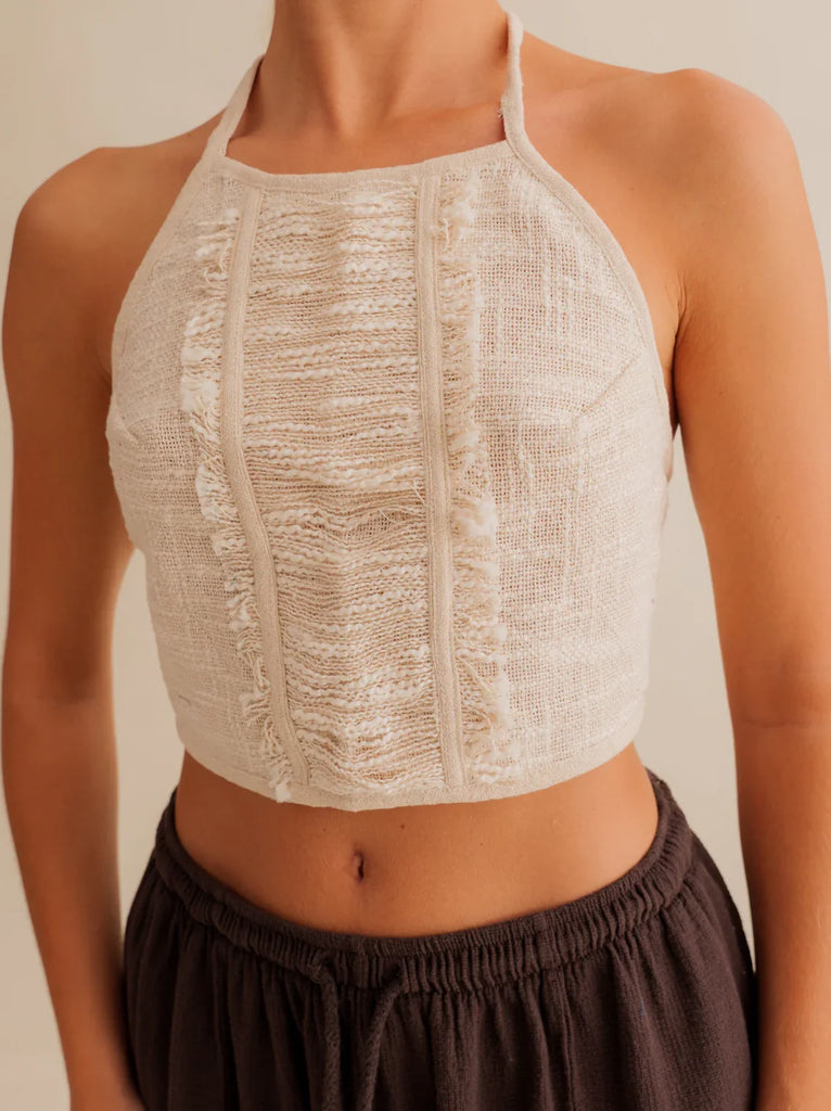 Aura Top — Beige halter top on model — MYFASHIONFRUIT