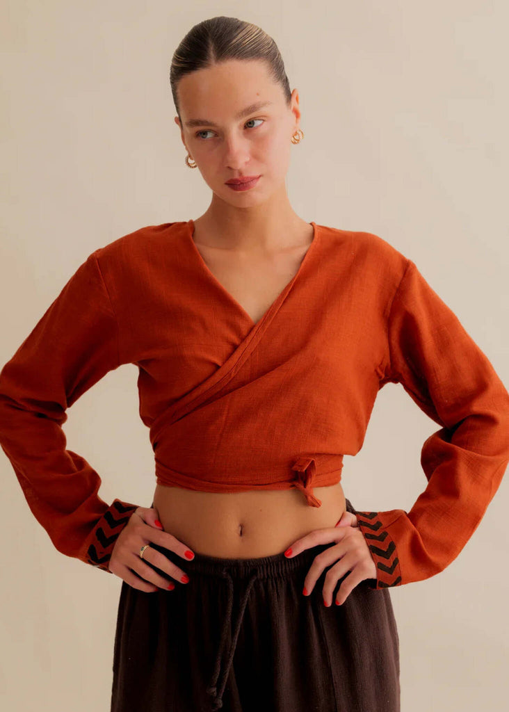 Zoe Wrap Top — Orange wrap top on model — MYFASHIONFRUIT