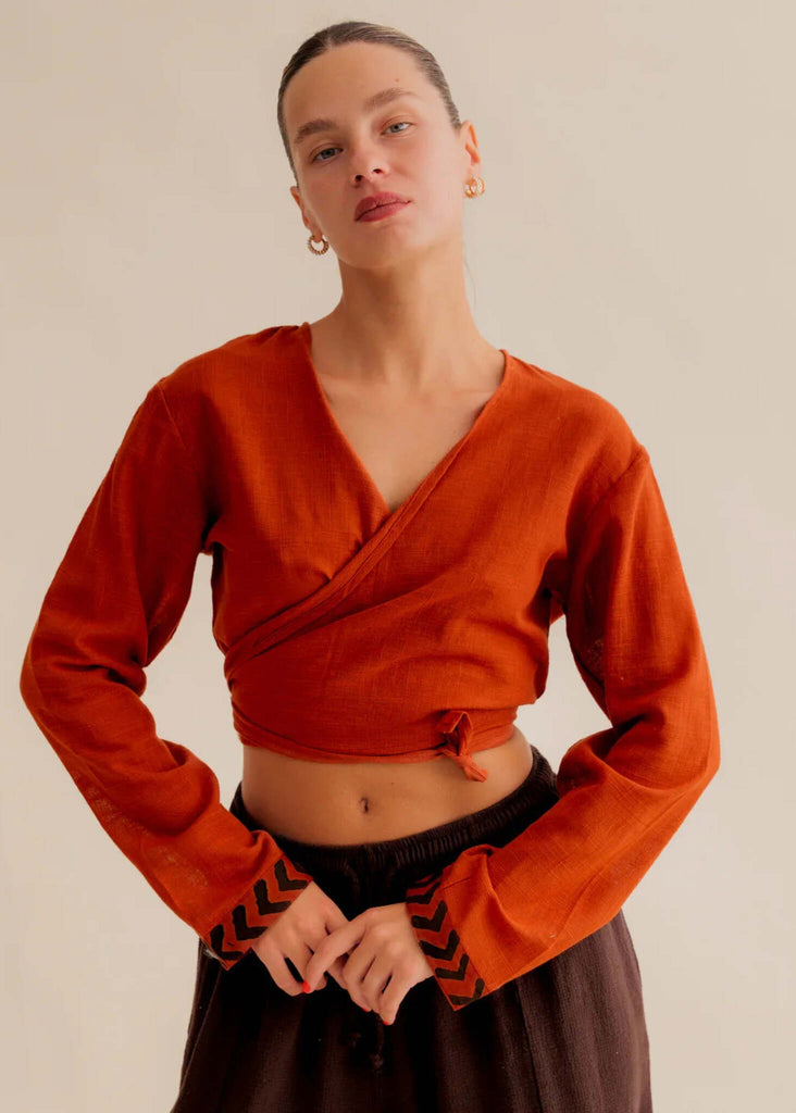 Zoe Wrap Top — Orange wrap top, on model — MYFASHIONFRUIT