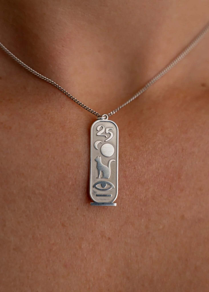 KOCMOS Talisman — Silver cartouche necklace on model — MYFASHIONFRUIT
