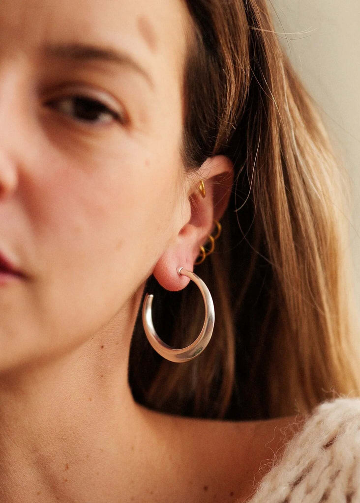 Cay Hoops — Silver hoops on model, detail — MYFASHIONFRUIT