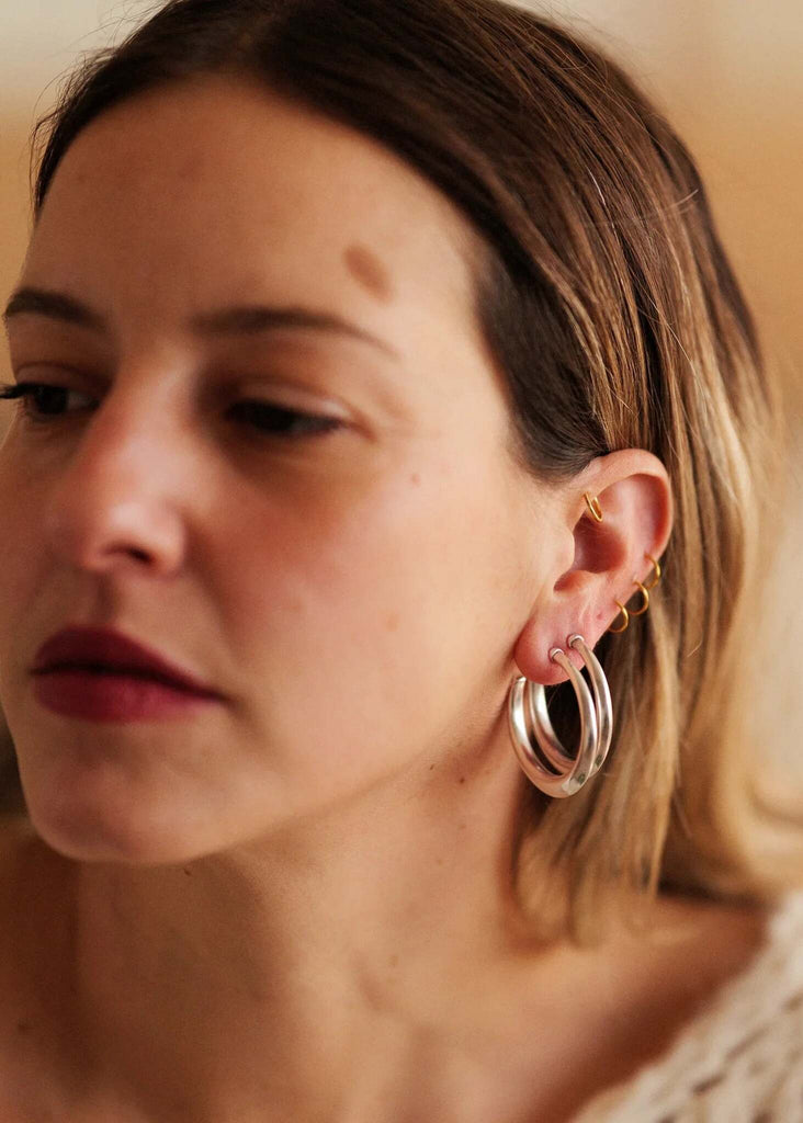 Cay Hoops — Silver hoops on model, detail — MYFASHIONFRUIT