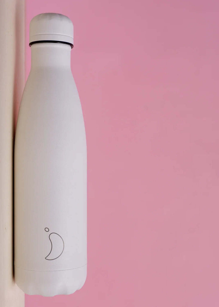 Chilly's All White Bottle — White metal bottle on pink — MYFASHIONFRUIT