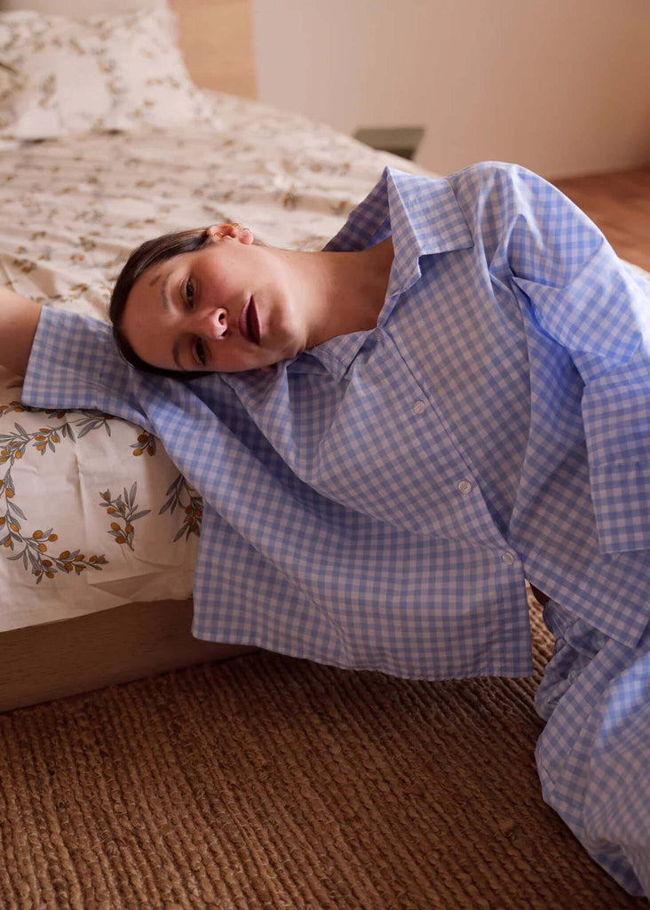 Bettie Shirt — blue gingham on model — MYFASHIONFRUIT