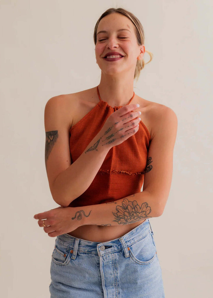 Amaya Top — Rust halter top on model — MYFASHIONFRUIT