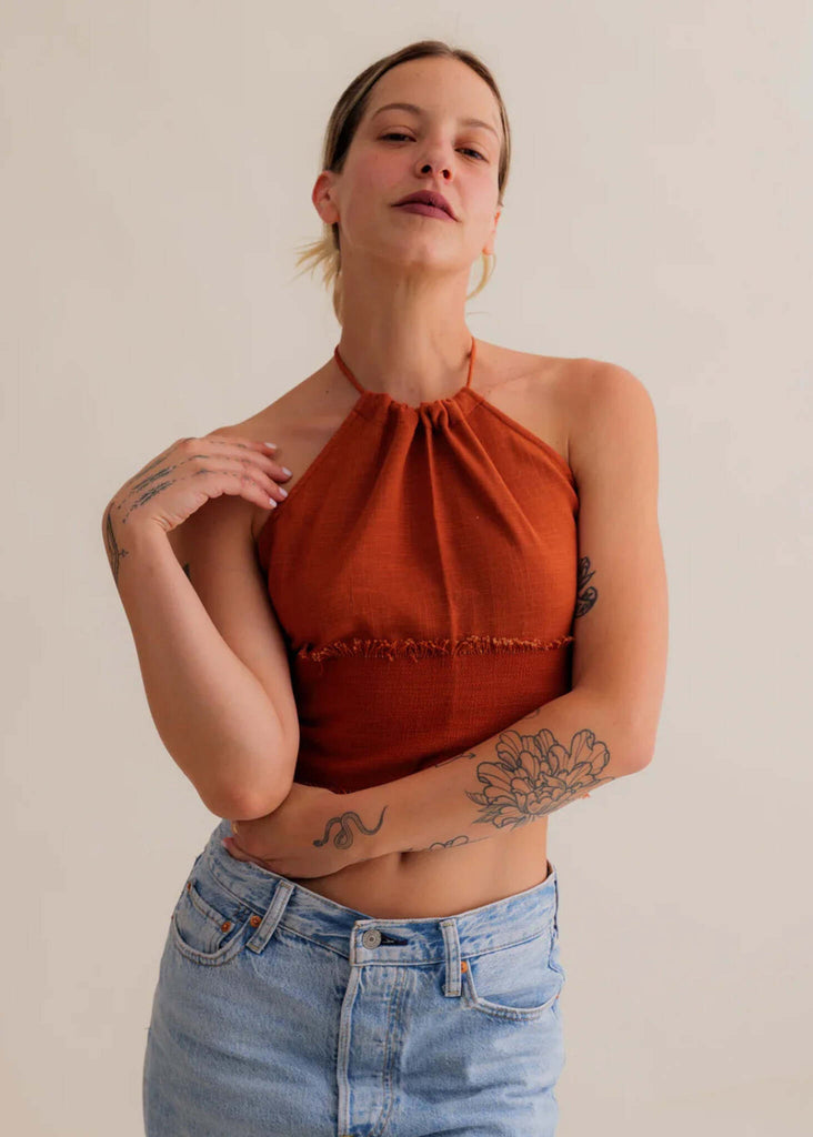Amaya Top — Rust halter top on model — MYFASHIONFRUIT