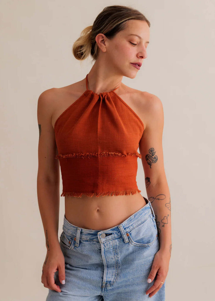 Amaya Top — Rust colored halter top with fringe, on model — MYFASHIONFRUIT