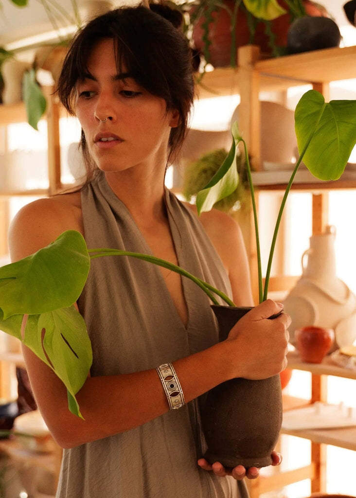 Kian Bracelet — Model with silver bracelet and plants — MYFASHIONFRUIT