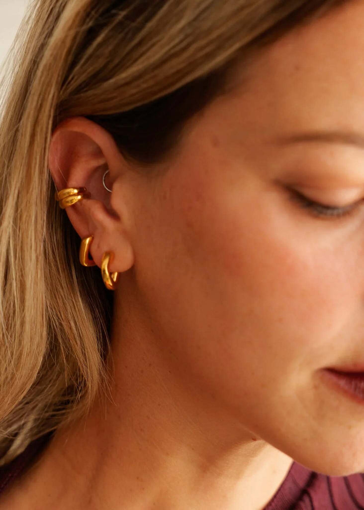 Persis Hoops — Gold hoops and ear cuff on model, detail — MYFASHIONFRUIT