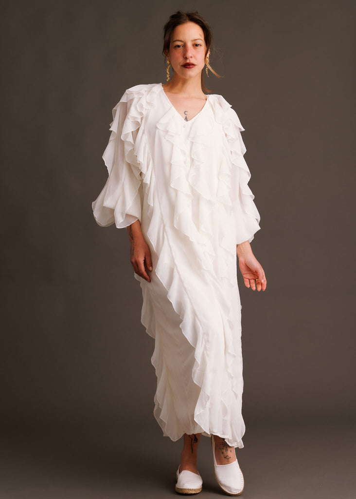 Ysé Dress — White ruffled maxi dress on model — MYFASHIONFRUIT