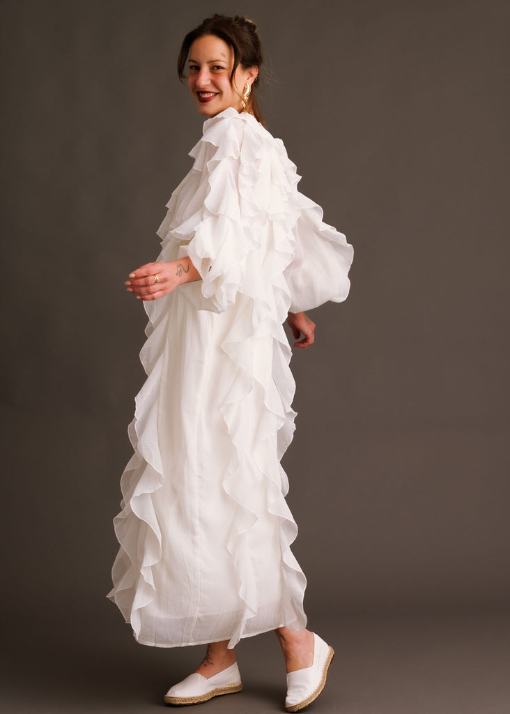 Ysé Dress — White ruffled dress on model — MYFASHIONFRUIT