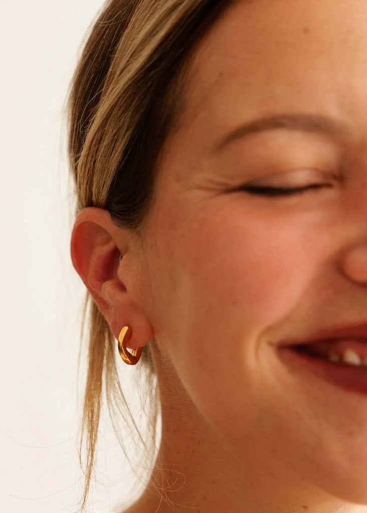 Hebe Hoops — Gold hoop earrings on model, detail — MYFASHIONFRUIT