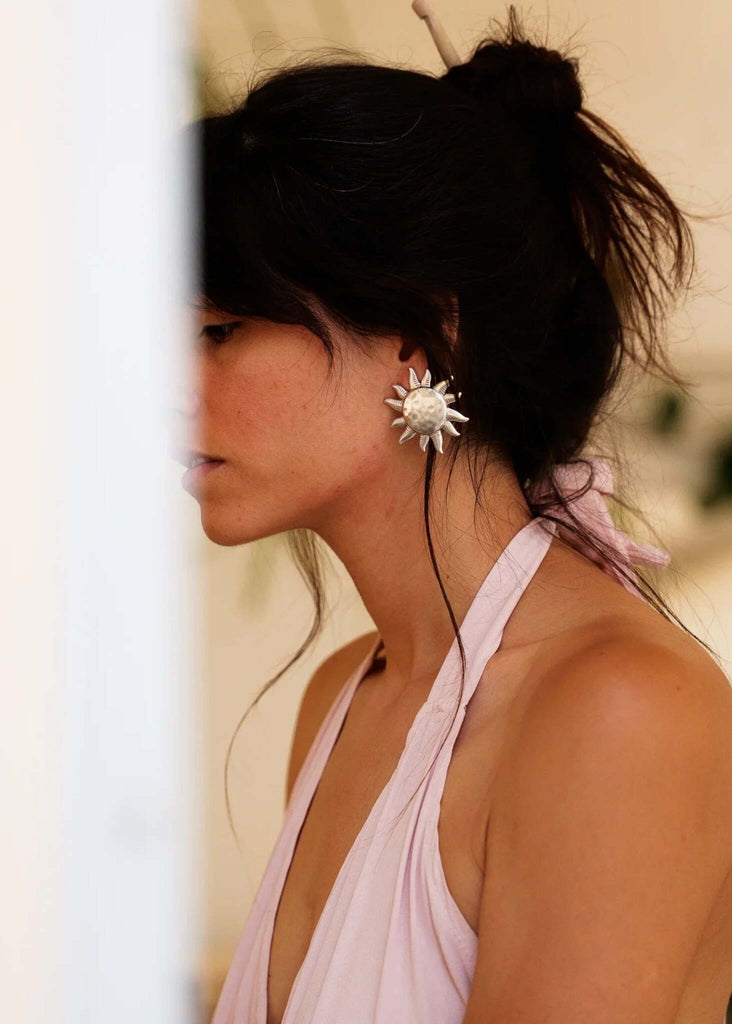 Olena Earrings — Silver sun earrings on model — MYFASHIONFRUIT