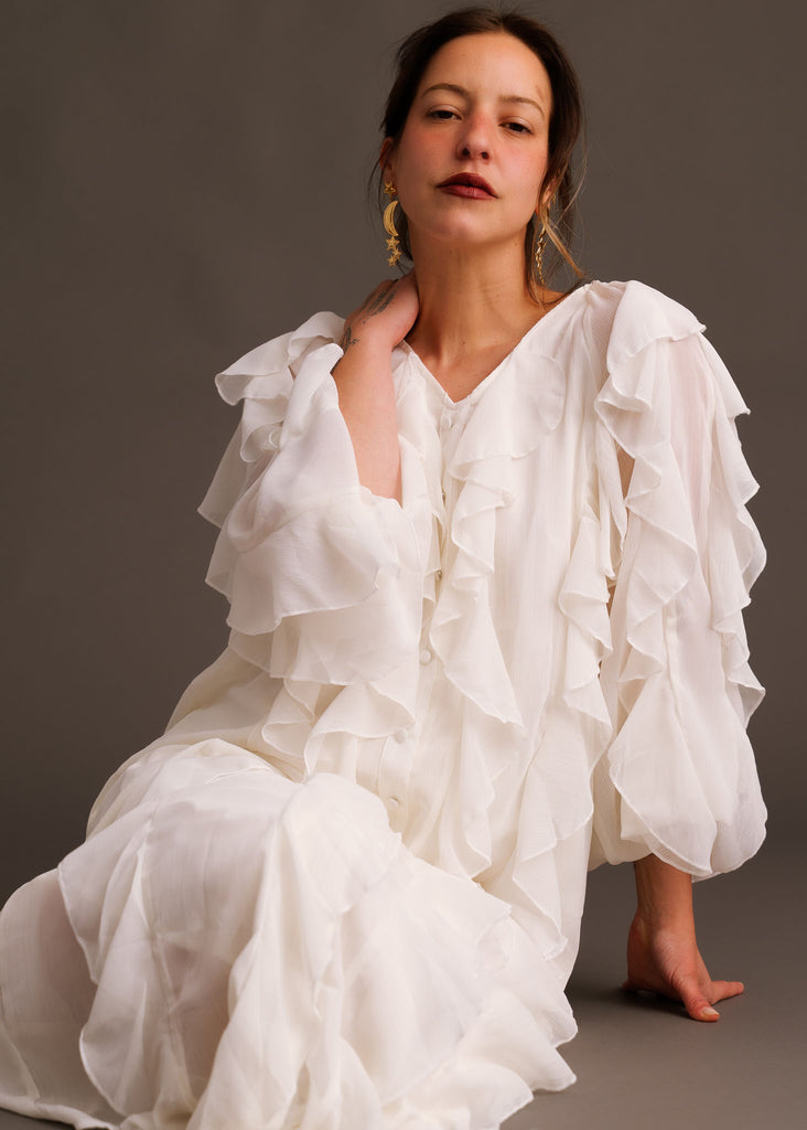 Ysé Dress — White ruffled dress on model — MYFASHIONFRUIT