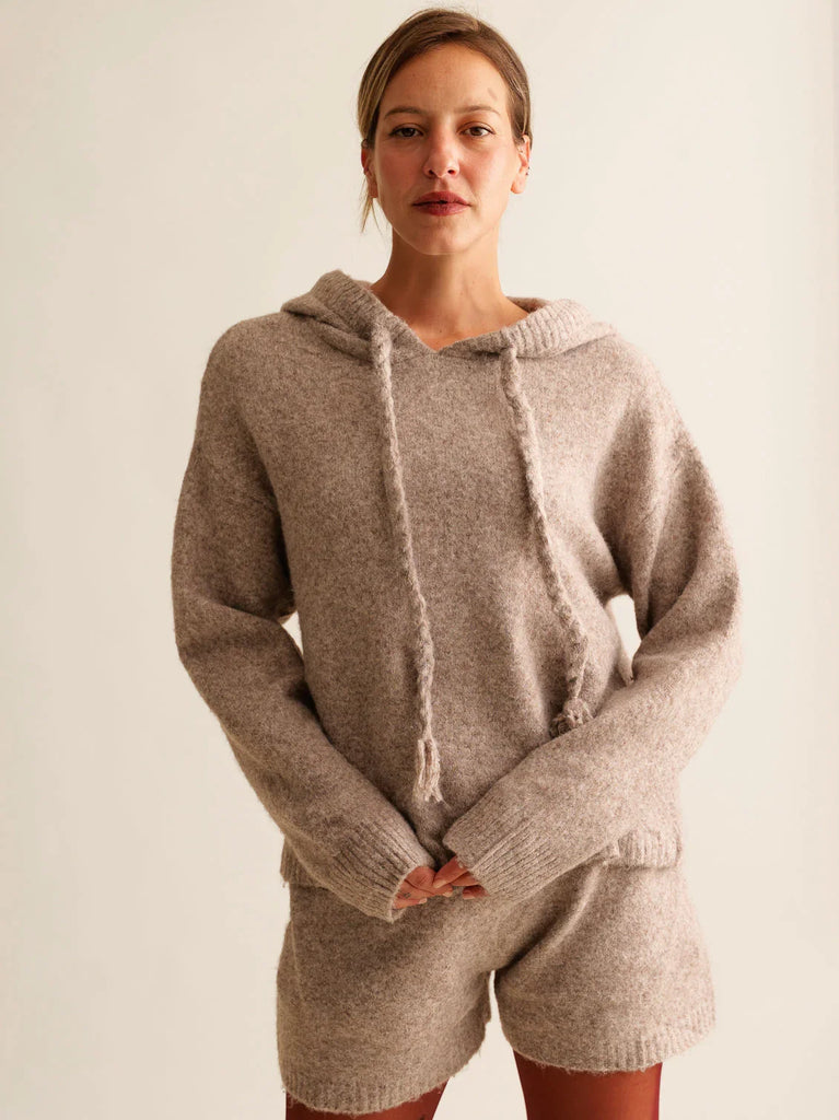 Myrtille Sweater — Beige knit hoodie on model — MYFASHIONFRUIT