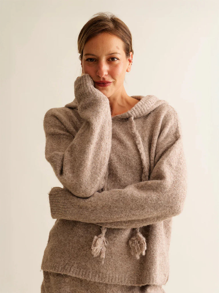 Myrtille Sweater — beige knit hoodie on model — MYFASHIONFRUIT