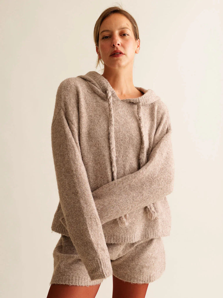 Myrtille Sweater — Taupe knit hoodie on model — MYFASHIONFRUIT