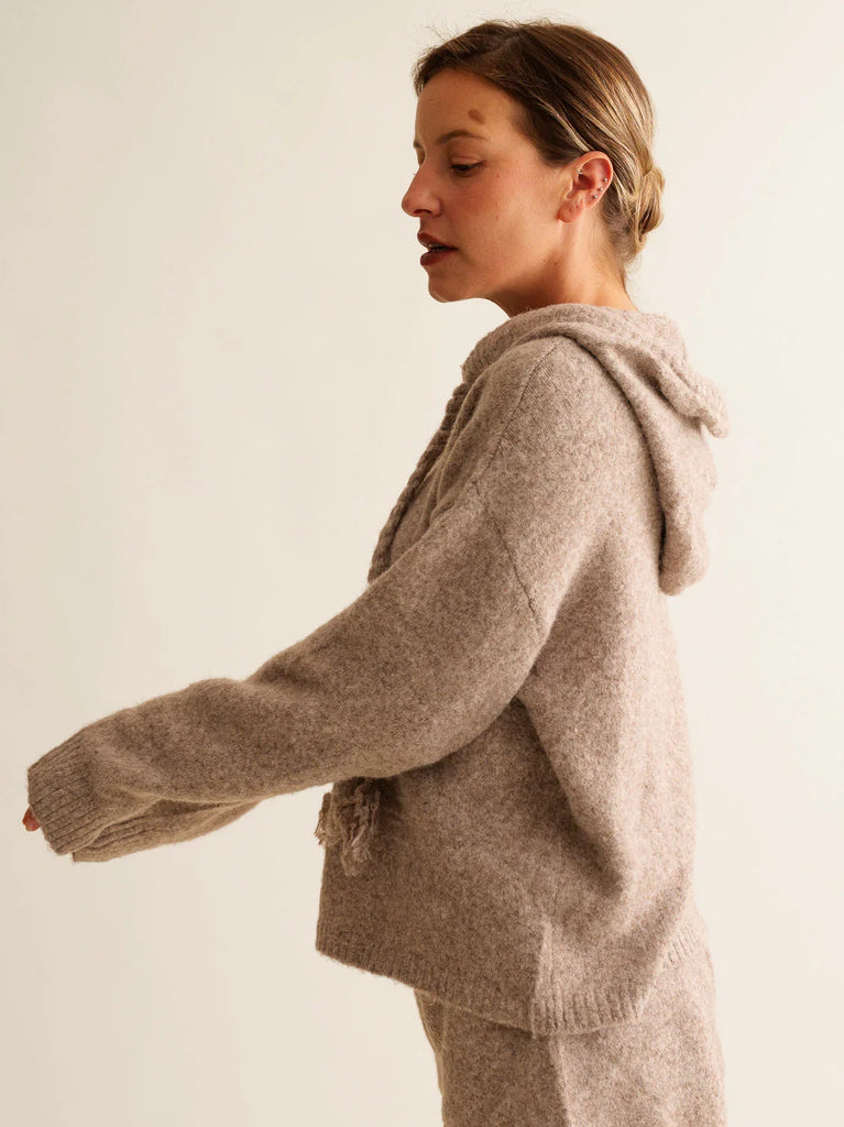 Myrtille Sweater — Beige knit hoodie on model — MYFASHIONFRUIT