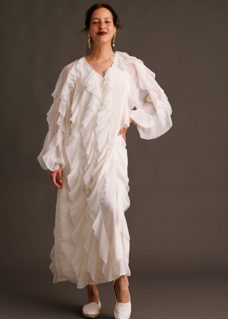 Ysé Dress — White ruffled dress on model — MYFASHIONFRUIT