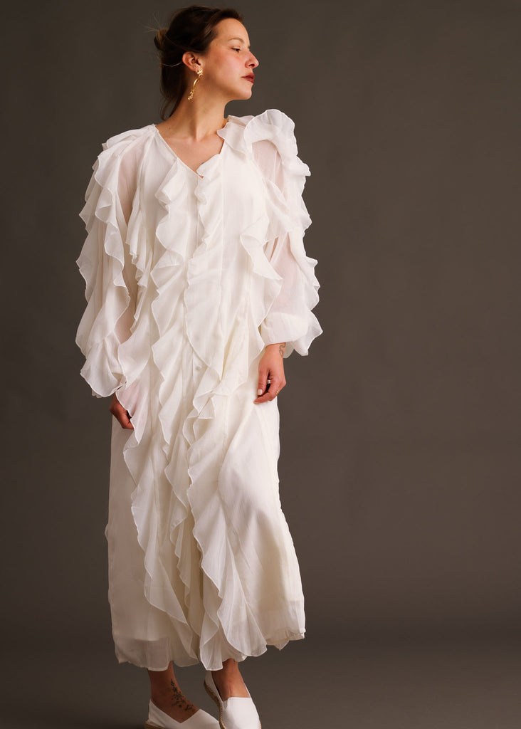 Ysé Dress — White ruffle dress on model — MYFASHIONFRUIT