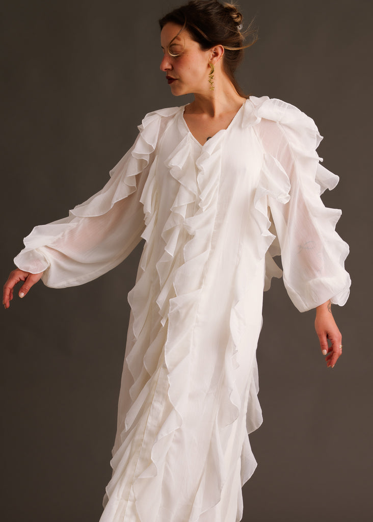 Ysé Dress — White chiffon ruffled dress on model — MYFASHIONFRUIT