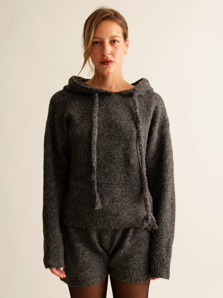 Myrtille Sweater — Grey knit hoodie on model — MYFASHIONFRUIT