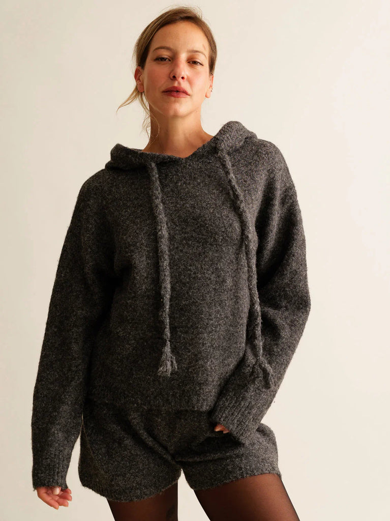 Myrtille Sweater — Grey knit hoodie, on model — MYFASHIONFRUIT