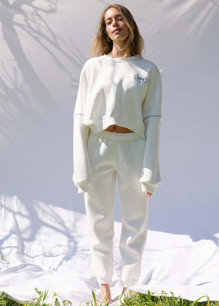 Mff Unisex Sweatpants — White sweatpants on model — MYFASHIONFRUIT