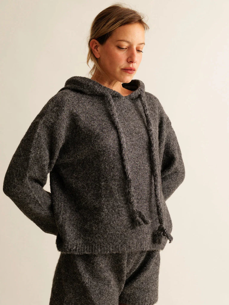 Myrtille Sweater — Grey knit hoodie on model — MYFASHIONFRUIT