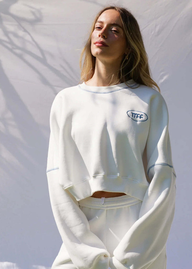Mff Cropped Sweatshirt — white with blue trim on model — MYFASHIONFRUIT