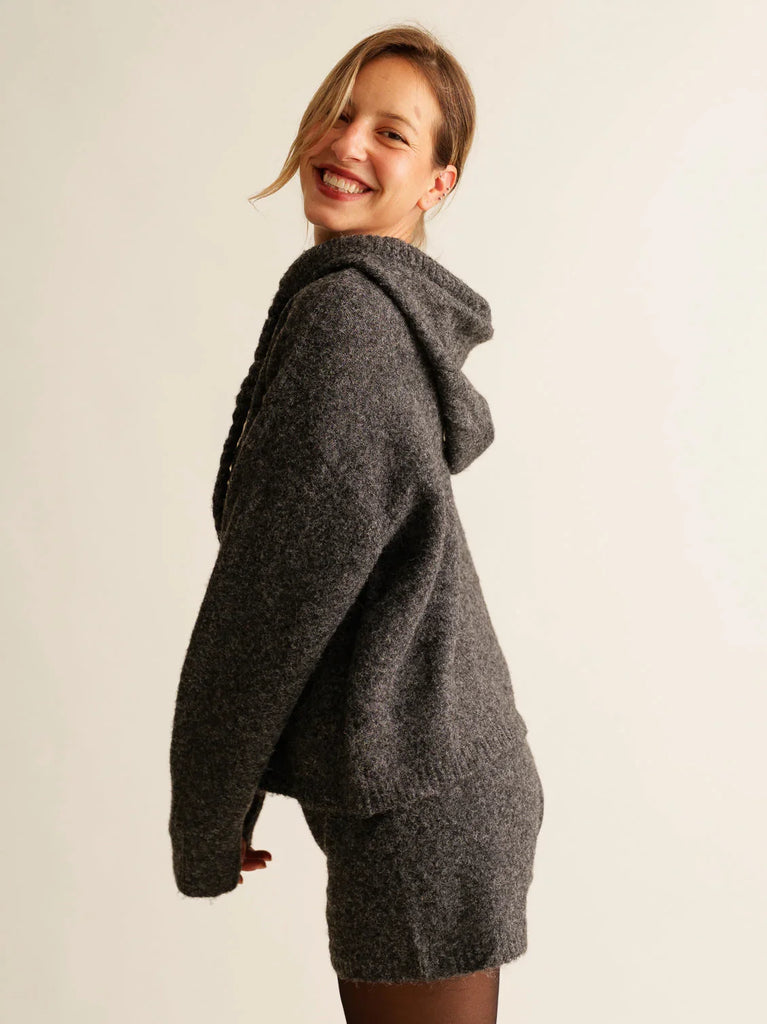Myrtille Sweater — Grey knit hoodie on model — MYFASHIONFRUIT