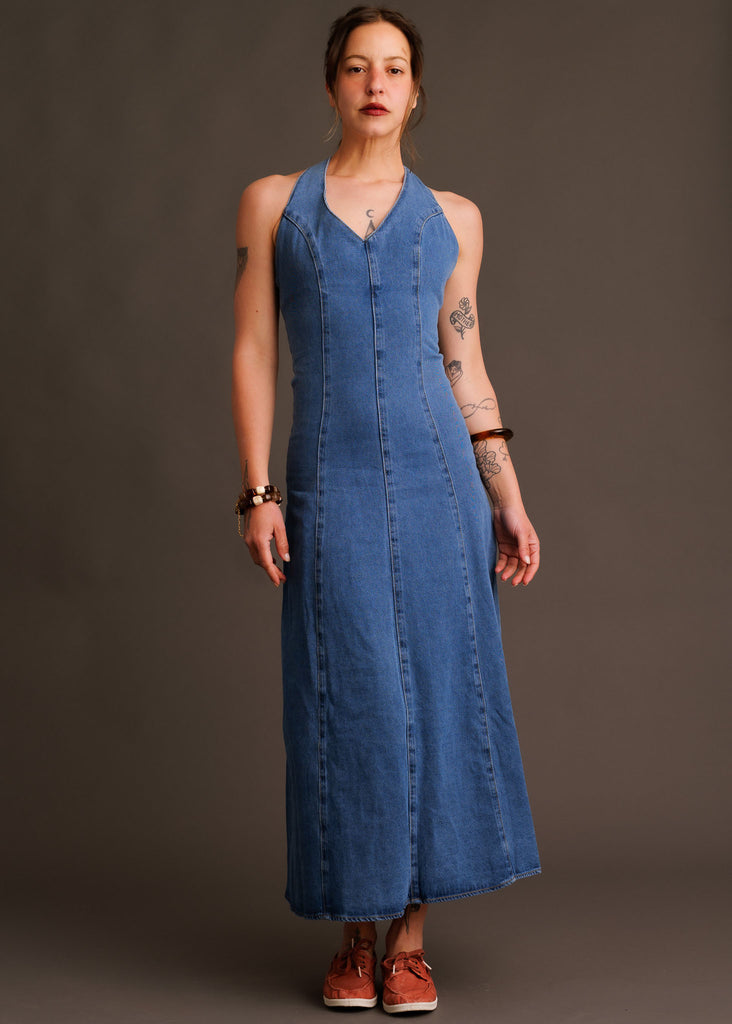 Pauline Dress — Denim halter dress on model — MYFASHIONFRUIT
