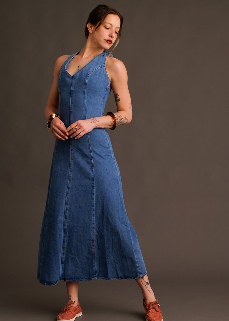 Pauline Dress — Blue denim halter dress on model — MYFASHIONFRUIT