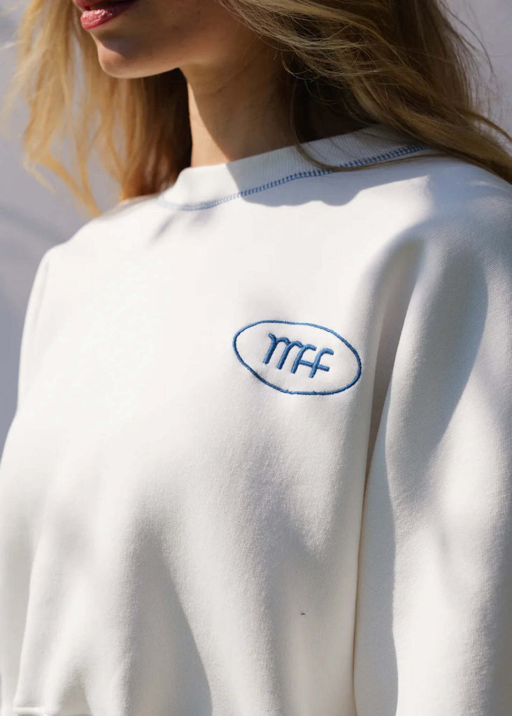 Mff Cropped Sweatshirt — white, on model, blue logo detail — MYFASHIONFRUIT