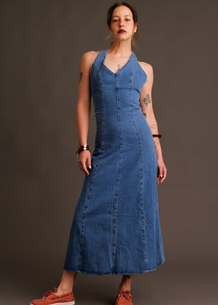 Pauline Dress — Blue denim halter dress on model — MYFASHIONFRUIT