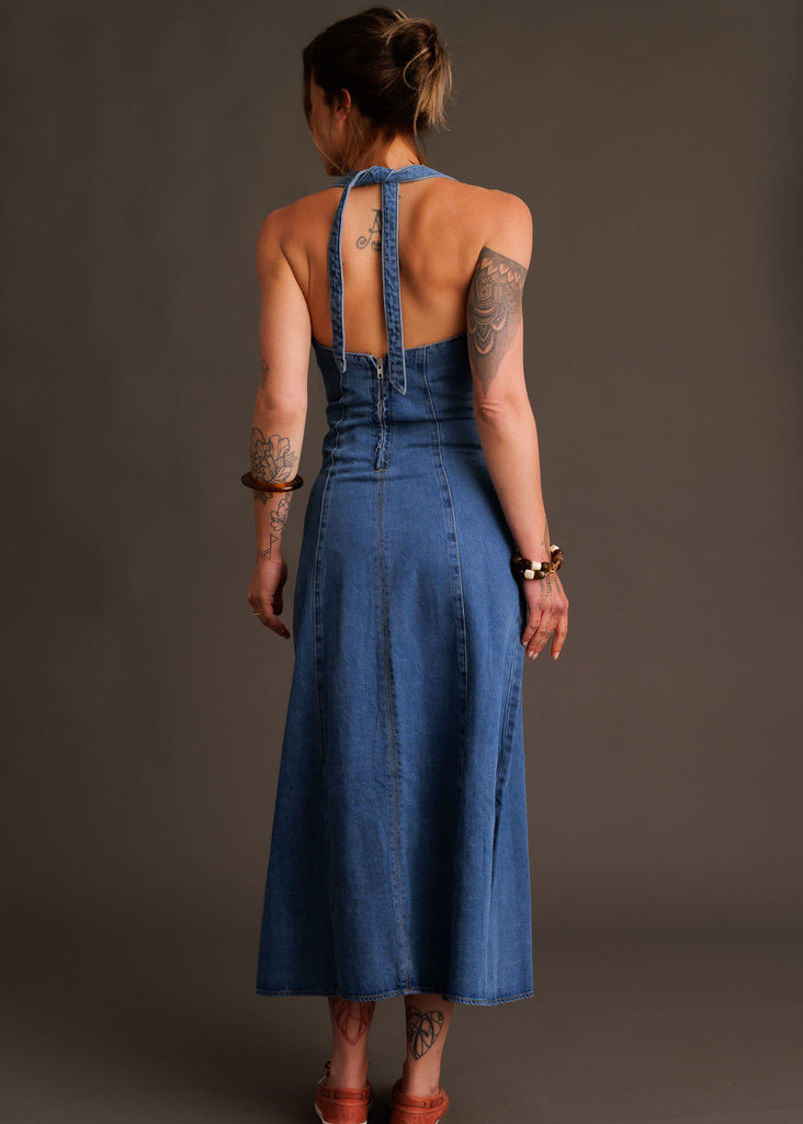 Pauline Dress — Denim dress with halter top on model, back view — MYFASHIONFRUIT