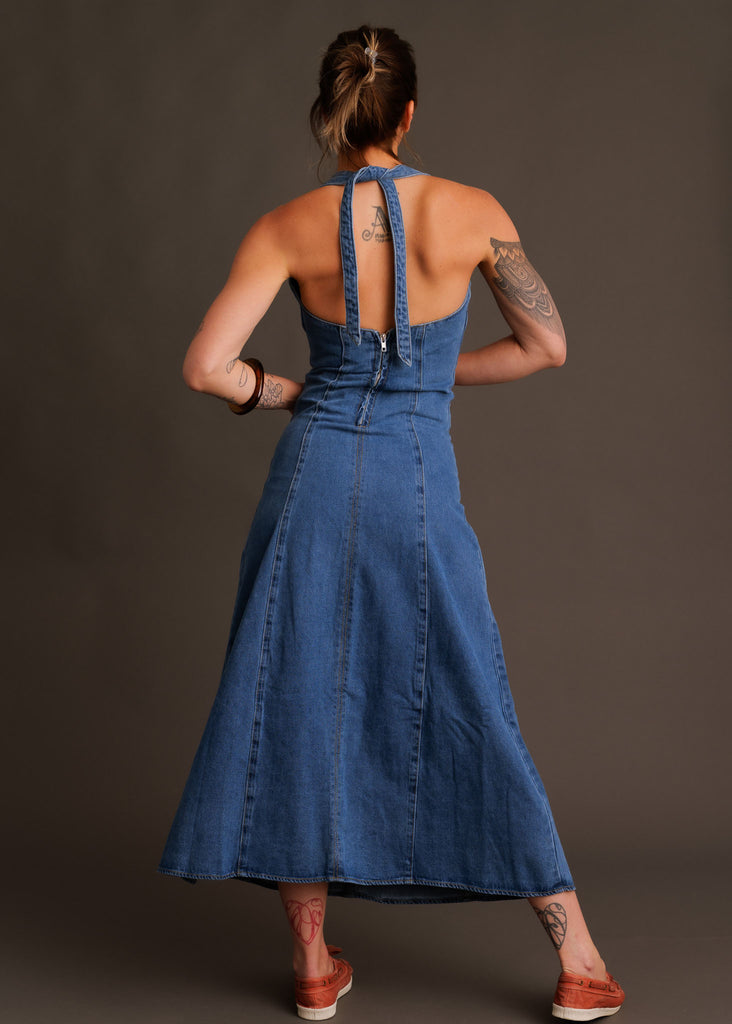 Pauline Dress — Blue denim dress on model, back view — MYFASHIONFRUIT