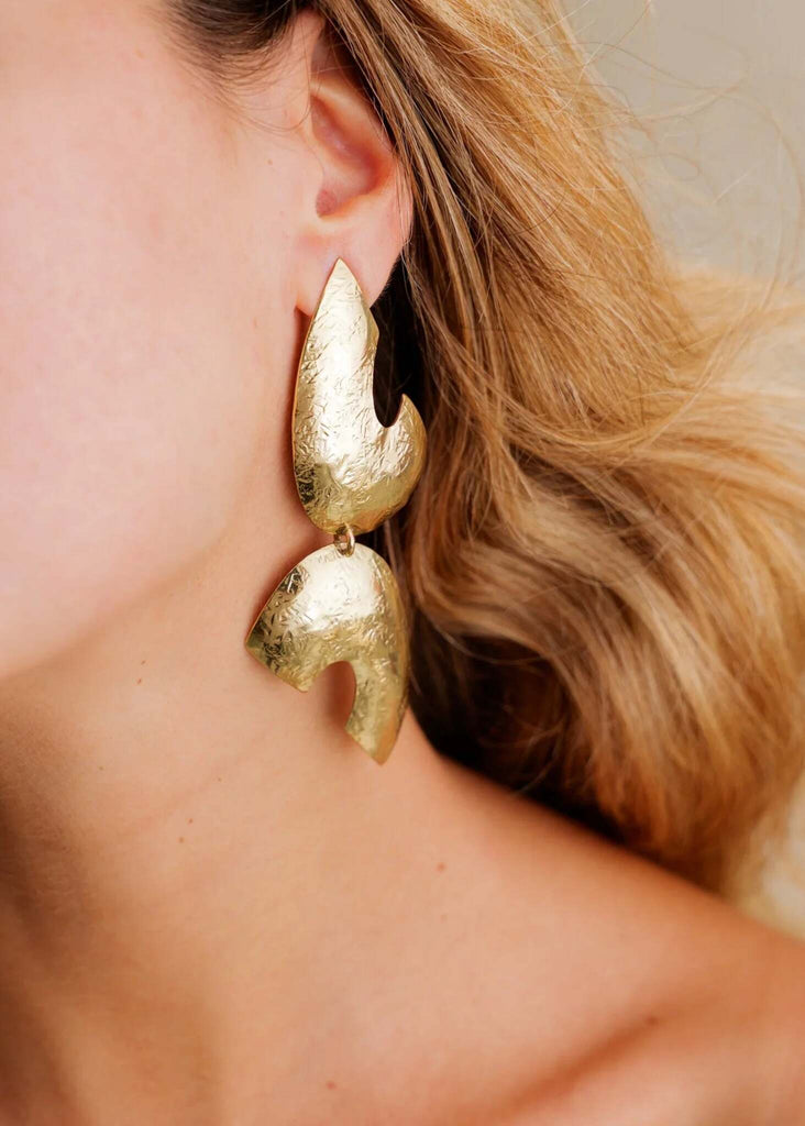 Riri Earrings — Gold, abstract drop earrings on model — MYFASHIONFRUIT
