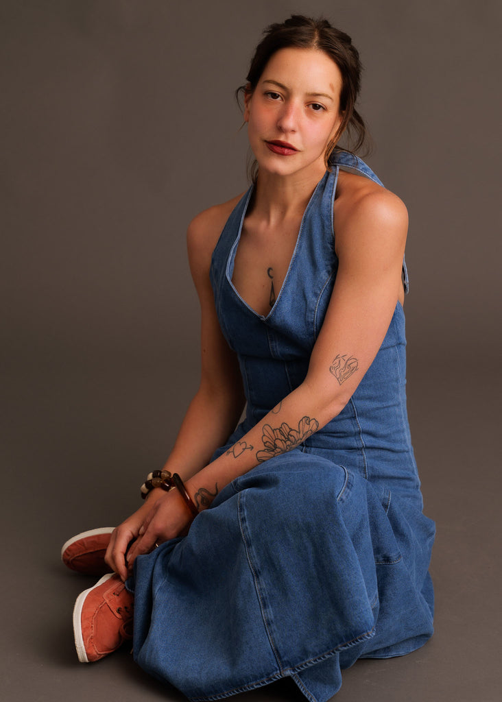 Pauline Dress — denim halter dress on model — MYFASHIONFRUIT