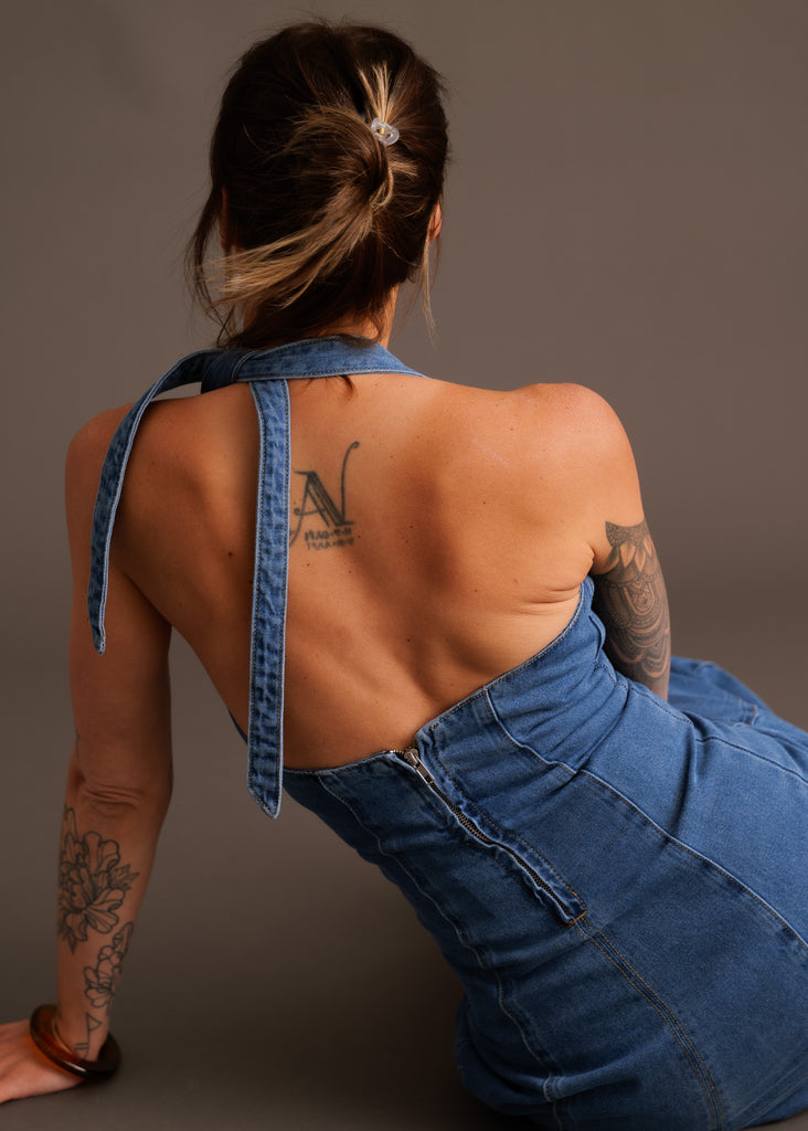 Pauline Dress — Blue denim halter dress on model, back view — MYFASHIONFRUIT