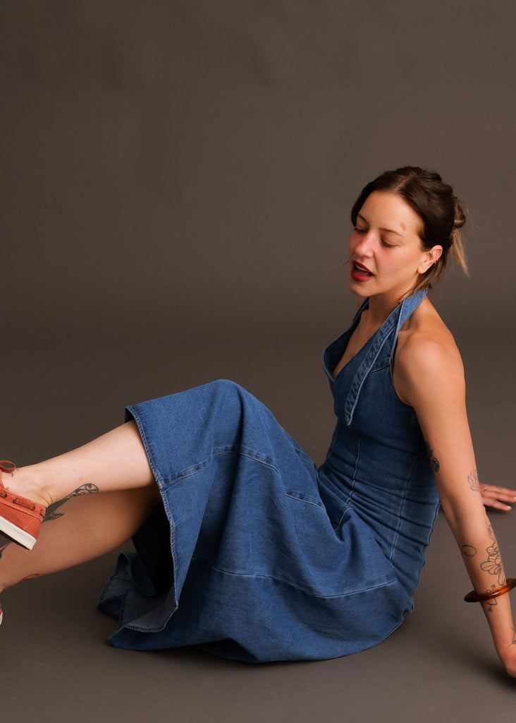Pauline Dress — Denim halter dress on model — MYFASHIONFRUIT