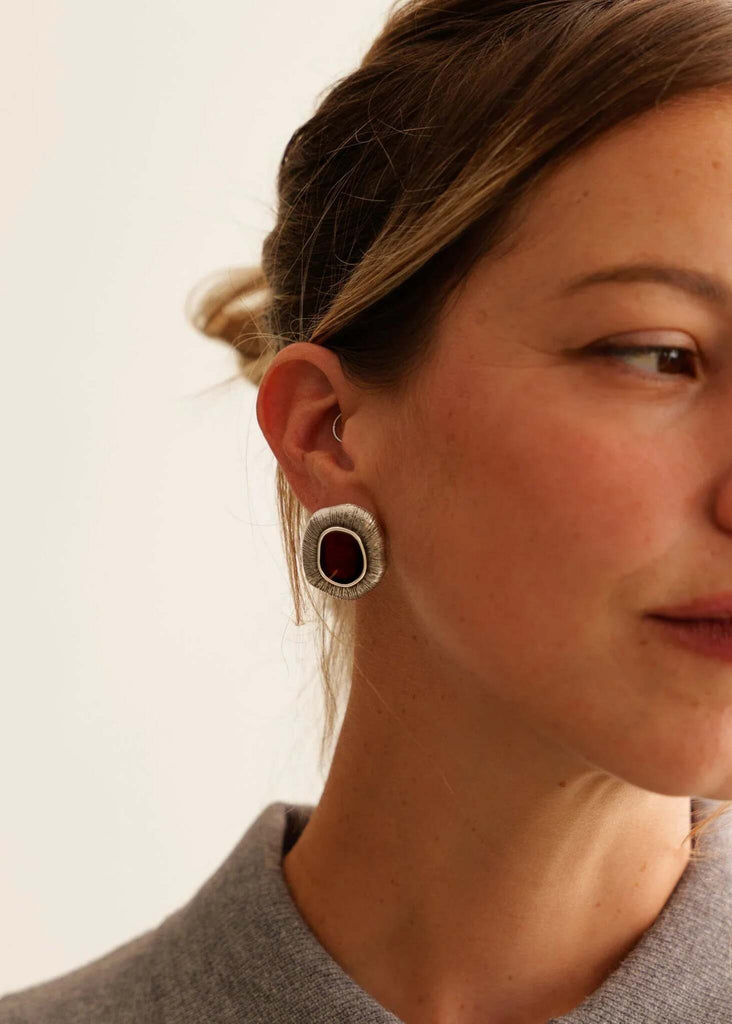 Zanyah Earrings — silver & burgundy on model — MYFASHIONFRUIT
