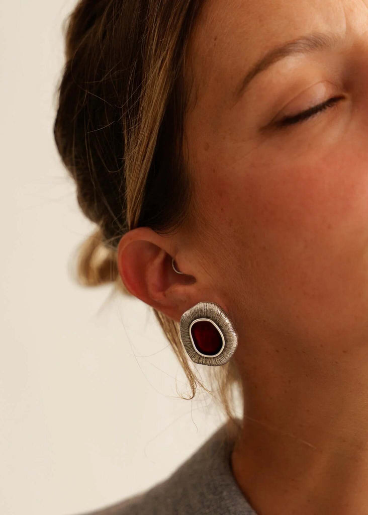 Zanyah Earrings — Detail of silver & burgundy earrings on model — MYFASHIONFRUIT