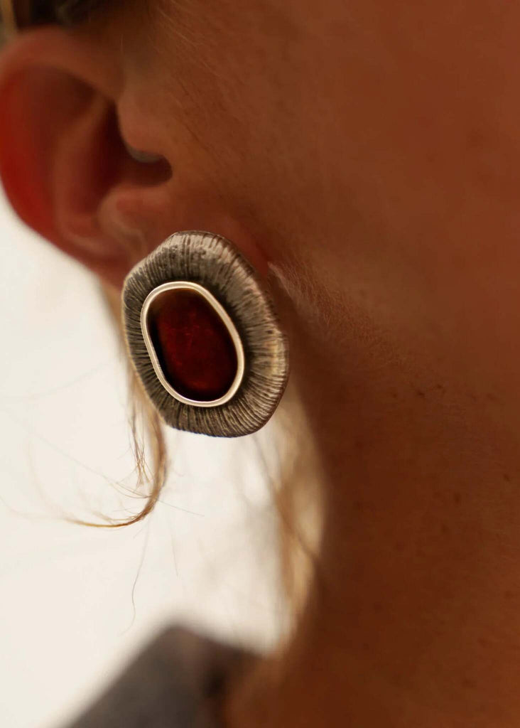 Zanyah Earrings — detail of red & silver earring on model — MYFASHIONFRUIT