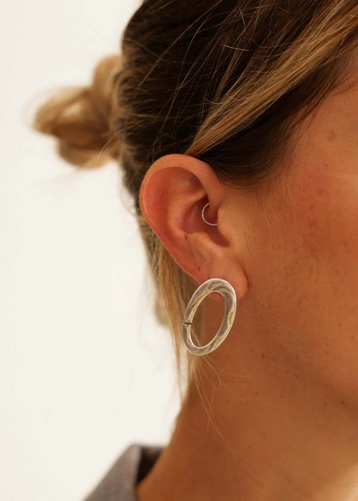 Kiah Earrings — Silver oval earring on model — MYFASHIONFRUIT