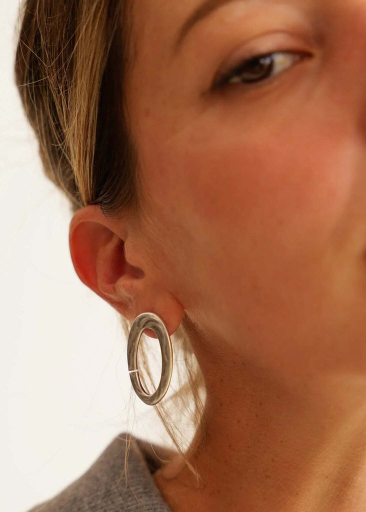 Kiah Earrings — Silver oval earring on model, detail — MYFASHIONFRUIT