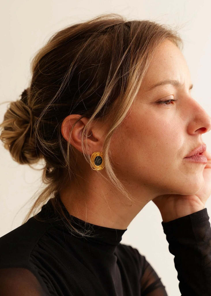 Milcah Earrings — on model, gold and black tones — MYFASHIONFRUIT