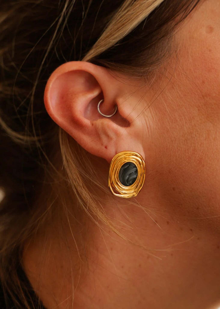 Milcah Earrings — Gold and black earrings on model, detail — MYFASHIONFRUIT