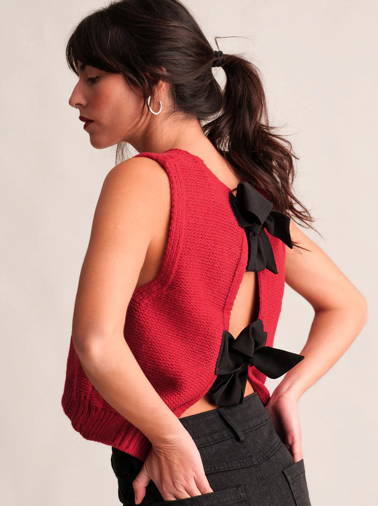 Rory Top — Red knit top with black bows on model — MYFASHIONFRUIT